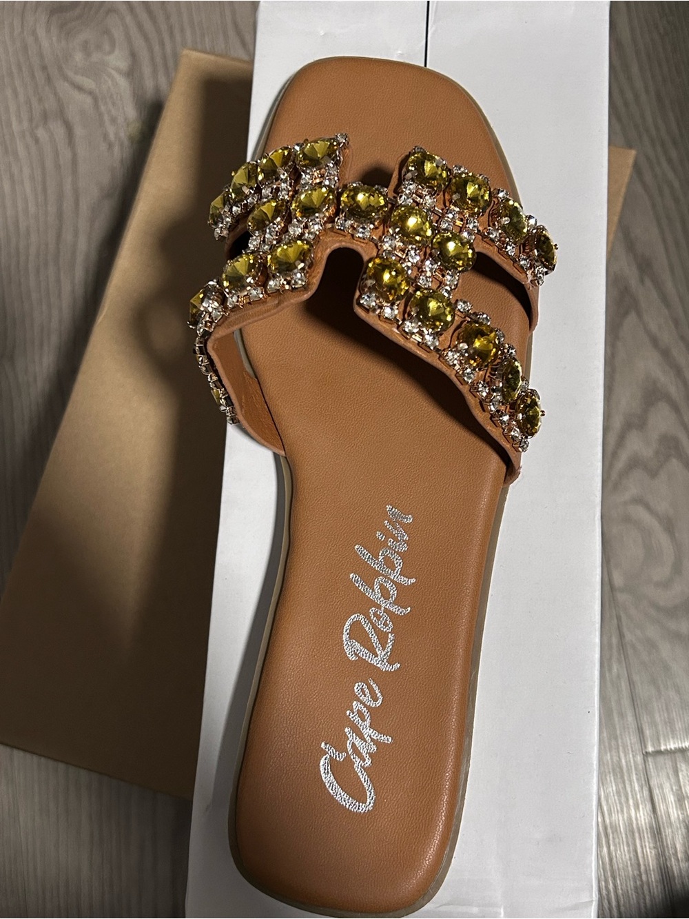 Cape Robbin Tan Slide Sandal with Yellow Gem Straps